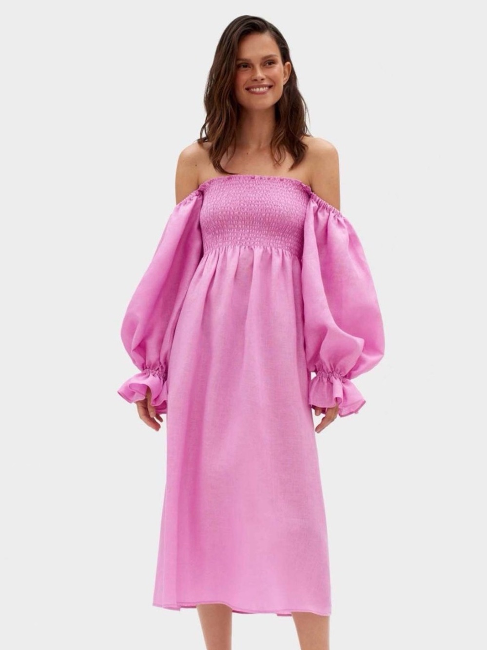 Sleeper Pink One-Shoulder Smocked Balloon-Sleeve Midi Dress